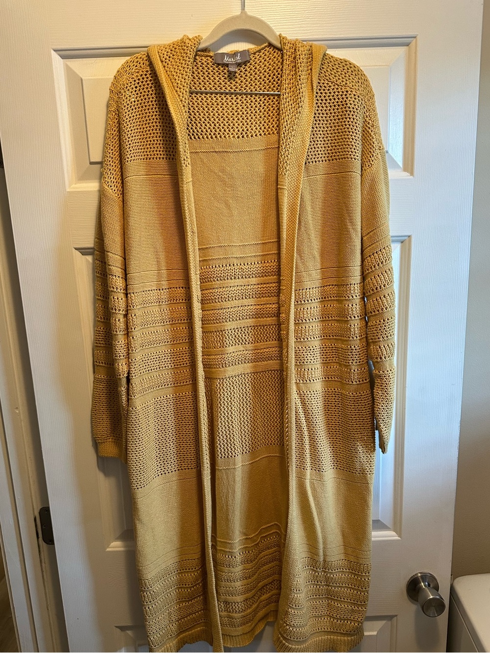 Women’s Mustard Yellow Crochet Open Knit Hooded Duster Cardigan Sweater L Boho